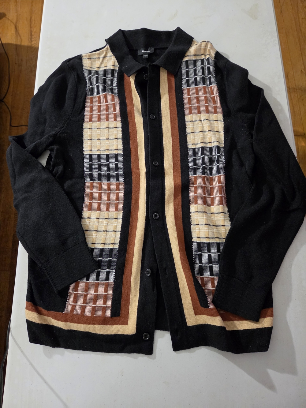 Express Black Cardigan with Brown, Cream and Gray Geometric Panels